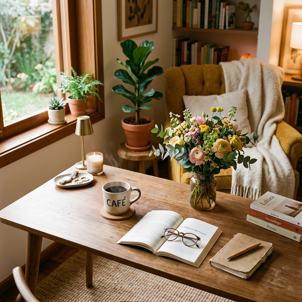 Wooden table with coffee mug, open book, glasses, and bouquet of flowers in cozy room